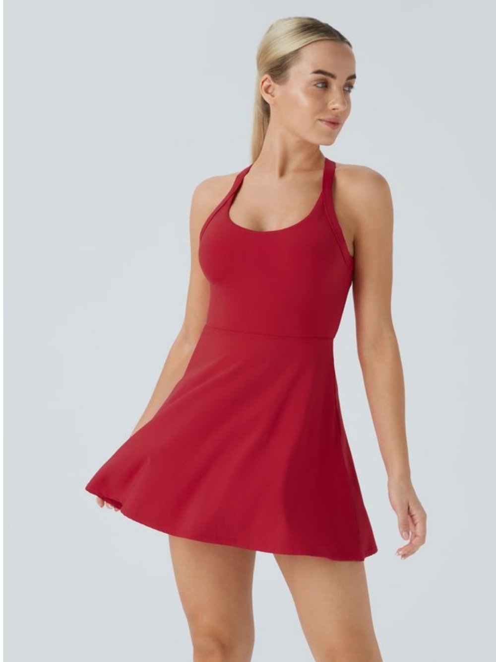 Halara Backless Twisted Active Salsa Red Built-In Bra/Shorts Dress XL
